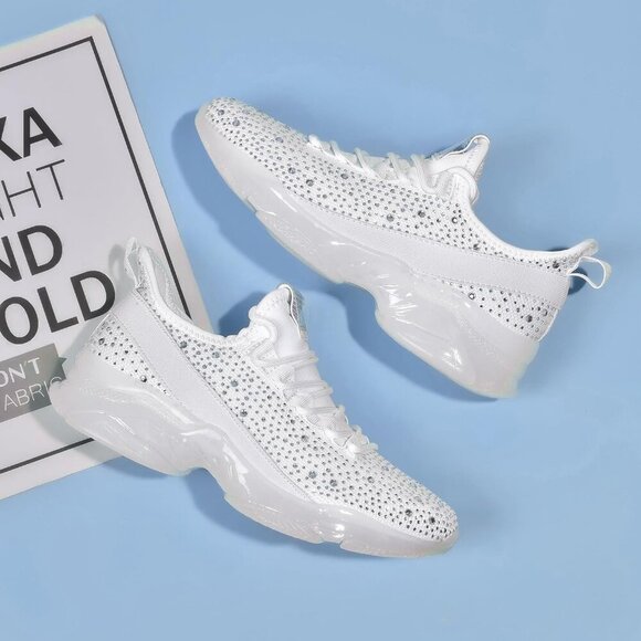 🆕 Women's Rhinestone Mesh Slip Walking Shoes Breathable Glitter Sneaker White - Picture 4 of 9